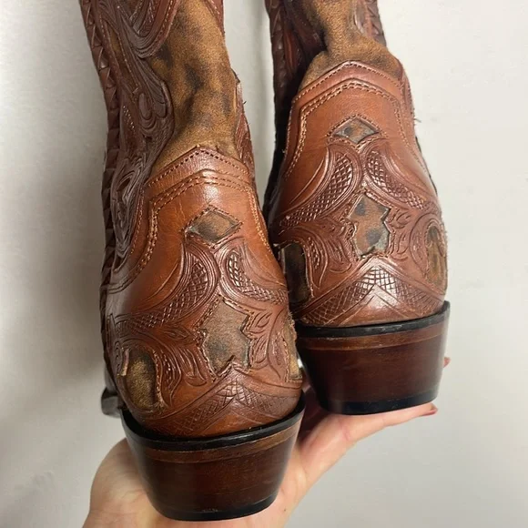 Lucchese | Women’s Whiskey Tooled Leather & Cheetah Cowgirl Boots Size 7 - Picture 4 of 10
